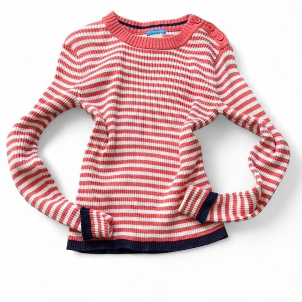 Vintage Dockers Navy Trimmed Orange & White Striped Sweater, Women's‎ Size M